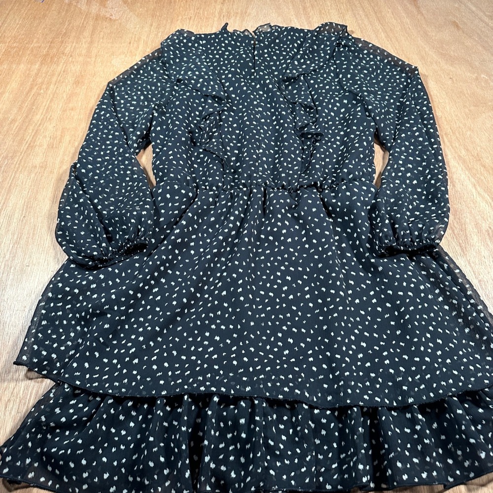Zara Ruffle Mini Dress Women XS Black White Dot Long Sleeve Tiered Chiffon - Picture 3 of 10
